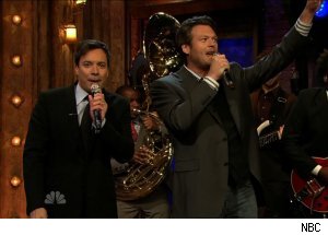 Jimmy Fallon Coerces Blake Shelton Into Singing With Him on 'Late Night'